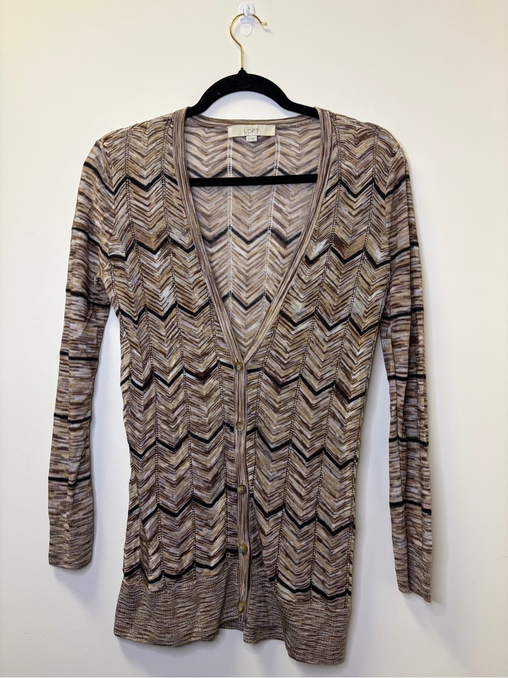 LOFT Taupe & Black Chevron V-Neck Button Cardigan Small